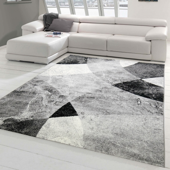Moderner Wohnzimmer Teppich abstraktes Wellen Rauten Design marmoriert in schwarz grau - pflegeleicht
