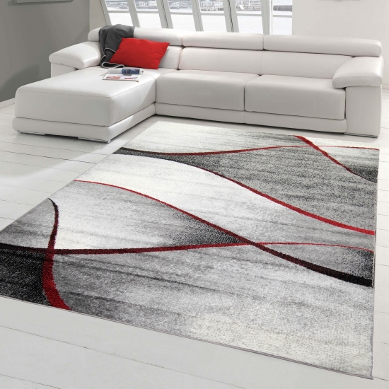 Moderner Wohnzimmer Teppich Wellen Design in rot grau anthrazit - pflegeleicht