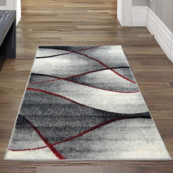 Preview: Moderner Wohnzimmer Teppich Wellen Design in rot grau anthrazit - pflegeleicht Preview: Moderner Wohnzimmer Teppich Wellen Design in rot grau anthrazit - pflegeleicht