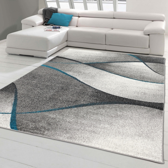 Moderner Wohnzimmer Teppich Wellen Design in blau grau anthrazit  - pflegeleicht