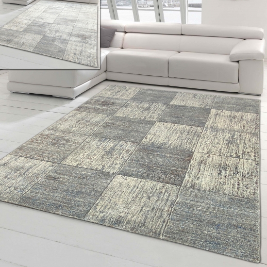 Wohnzimmer Teppich – quadratisches Muster – in grau