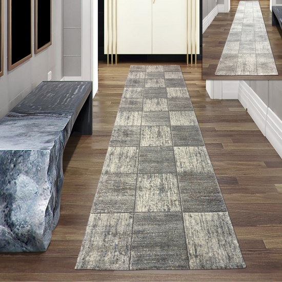 Wohnzimmer Teppich – quadratisches Muster – in grau