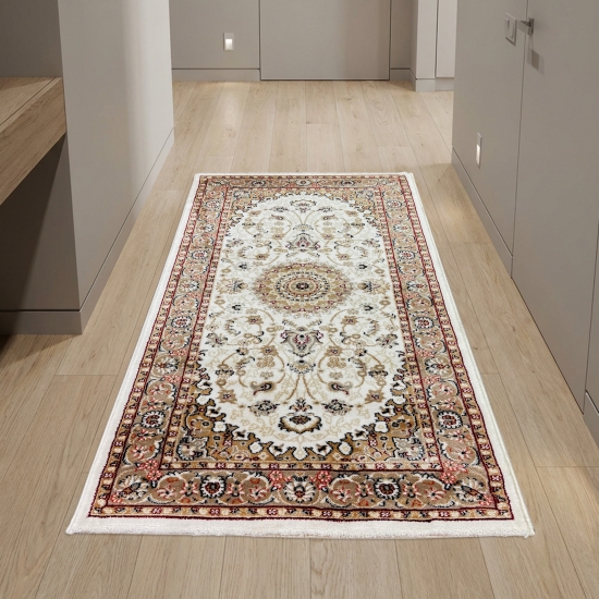 Preview: Teppich Creme Beige mit floralem Medaillon und ruhiger Bordüre
