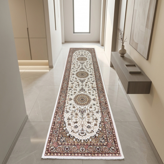 Preview: Teppich Creme Beige mit floralem Medaillon und ruhiger Bordüre