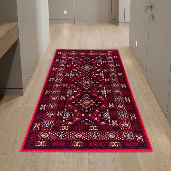 Preview: Teppich Rot mit geometrischen Medaillons und mehrteiliger Bordüre