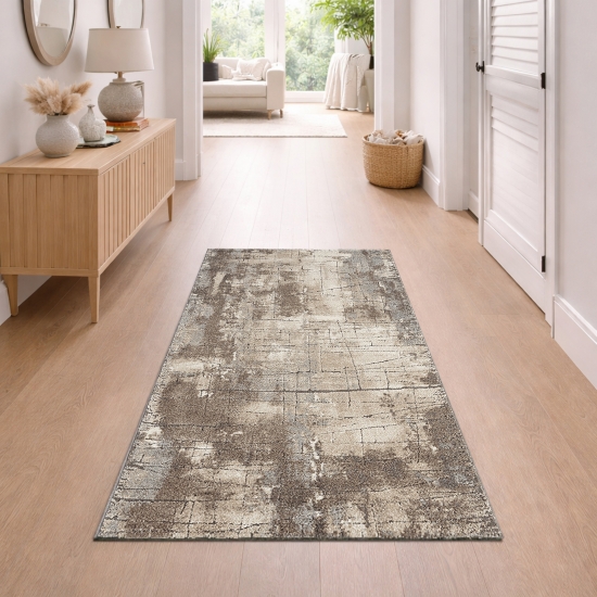 Preview: Moderner Teppich Beige Braun Grau Vintage Optik weich Wohnzimmer stilvoll