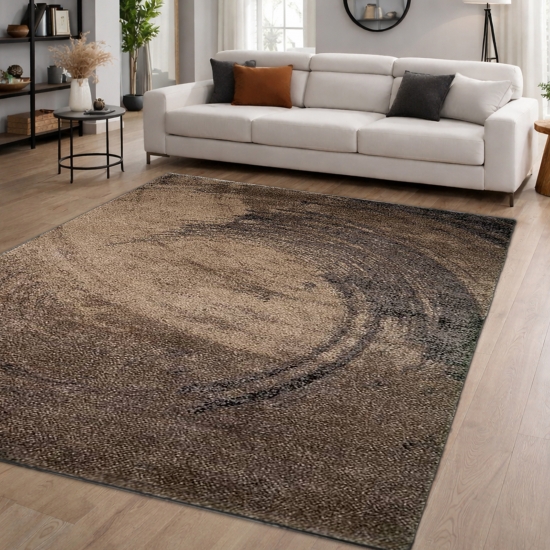 Moderner Teppich Braun Beige Kreis Design weich Wohnzimmer stilvoll