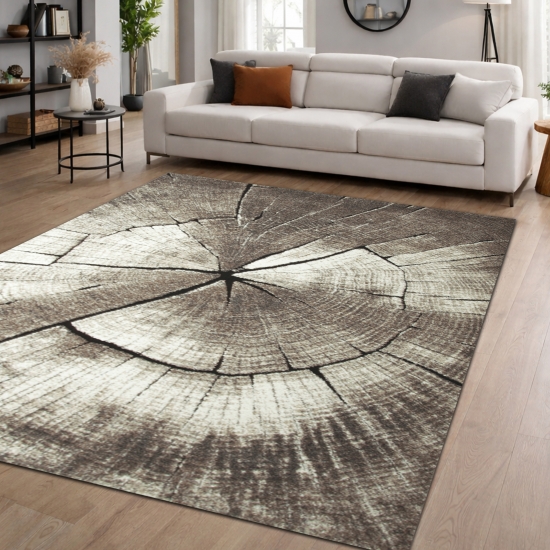Moderner Teppich Beige Braun Grau Holzoptik Kreis Design weich Wohnzimmer