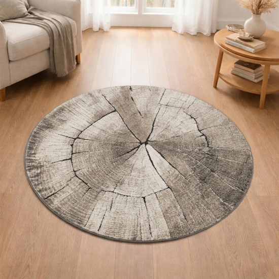 Preview: Moderner Teppich Beige Braun Grau Holzoptik Kreis Design weich Wohnzimmer