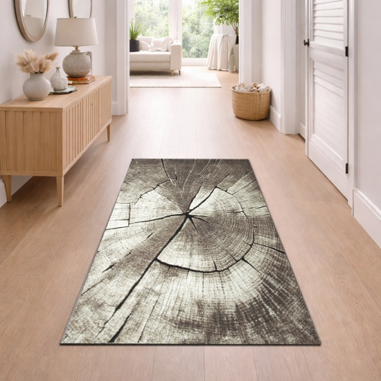 Preview: Moderner Teppich Beige Braun Grau Holzoptik Kreis Design weich Wohnzimmer