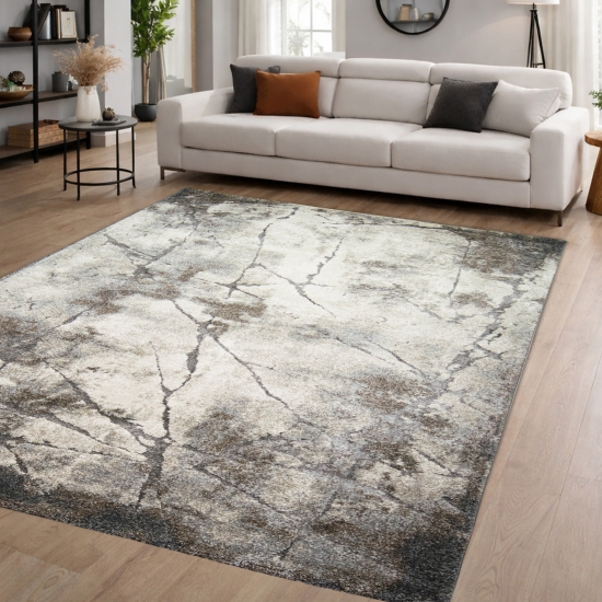 Moderner Teppich Creme Grau Marmor Design weich Wohnzimmer elegant