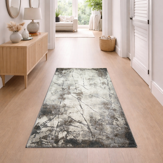 Preview: Moderner Teppich Creme Grau Marmor Design weich Wohnzimmer elegant