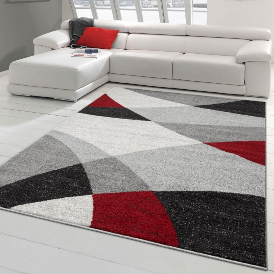 Moderner Wohnzimmerteppich mit abstraktem Muster grau rot