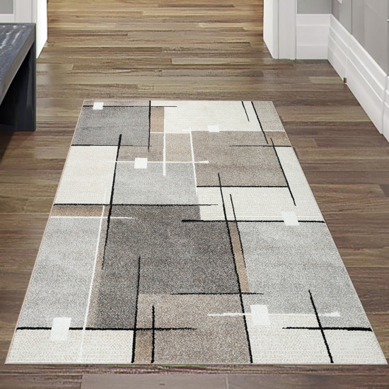 Moderner Teppich mit grafischem Muster in Beige, Grau und Creme – Eleganter Blickfang für jeden Raum