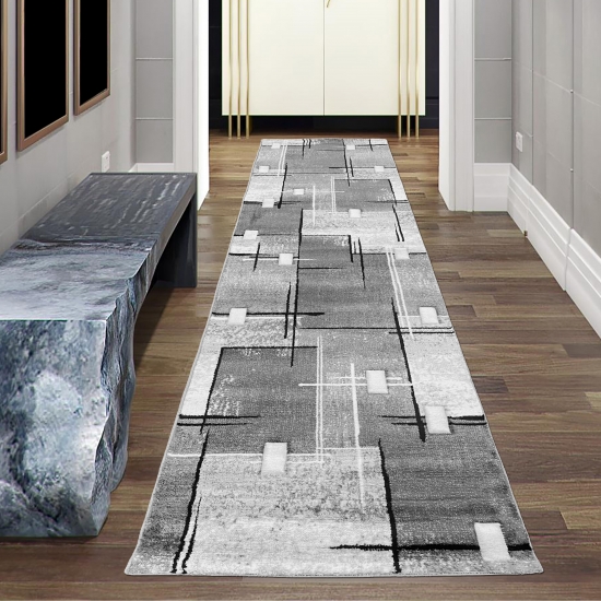 Designer Teppich - Läufer 80x300 cm - Kurzflor Teppich mit Konturenschnitt Karo Muster Grau Weiß Schwarz