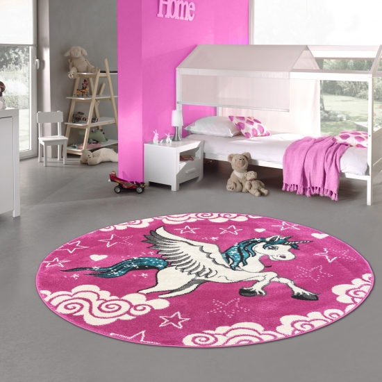 Kinderteppich Spielteppich Kinderzimmer Teppich Einhorn Design mit Konturenschnitt Pink Creme Türkis