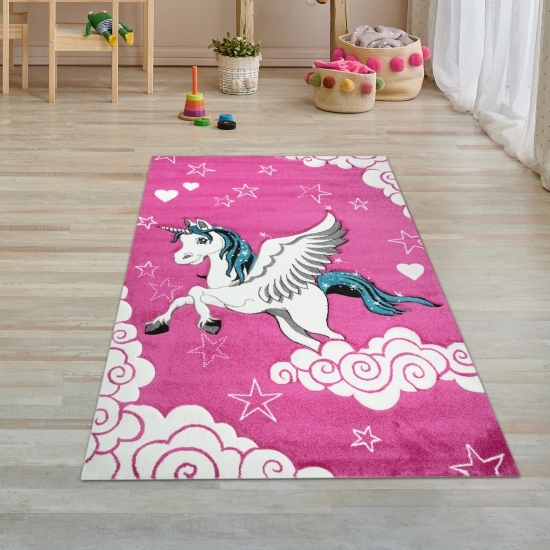Kinderteppich Spielteppich Kinderzimmer Teppich Einhorn Design mit Konturenschnitt Pink Creme Türkis