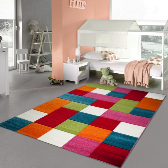 Kinderteppich Spielteppich Kinderzimmer Teppich Karo Muster Multicolour Rot Türkis Orange Creme Grün Pink