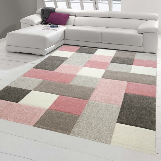 Wohnzimmer Teppich Design mit Karo Muster in Pink Grau Creme