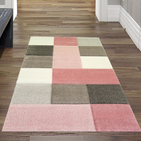 Preview: Wohnzimmer Teppich Design mit Karo Muster in Pink Grau Creme Preview: Wohnzimmer Teppich Design mit Karo Muster in Pink Grau Creme