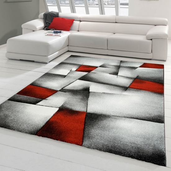 Designer Teppich Moderner Teppich Wohnzimmer Teppich Kurzflor Teppich mit Konturenschnitt Karo Muster Rot Grau Weiß Schwarz