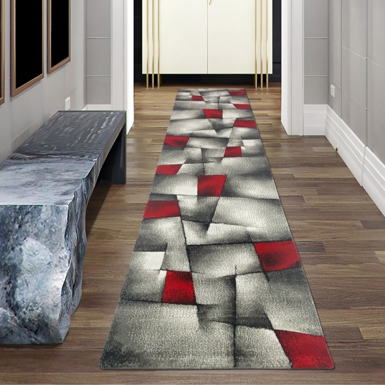 Designer Teppich Moderner Teppich Wohnzimmer Teppich Kurzflor Teppich mit Konturenschnitt Karo Muster Rot Grau Weiß Schwarz