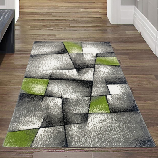 Designer Teppich Moderner Teppich Wohnzimmer Teppich Kurzflor Teppich mit Konturenschnitt Karo Muster Grün Grau Weiß Schwarz