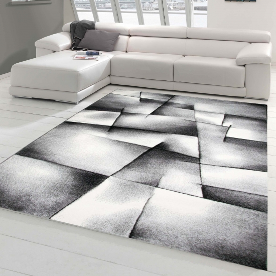 Designer Teppich Moderner Teppich Wohnzimmer Teppich Kurzflor Teppich Konturenschnitt Karo Muster Grau Schwarz Weiss