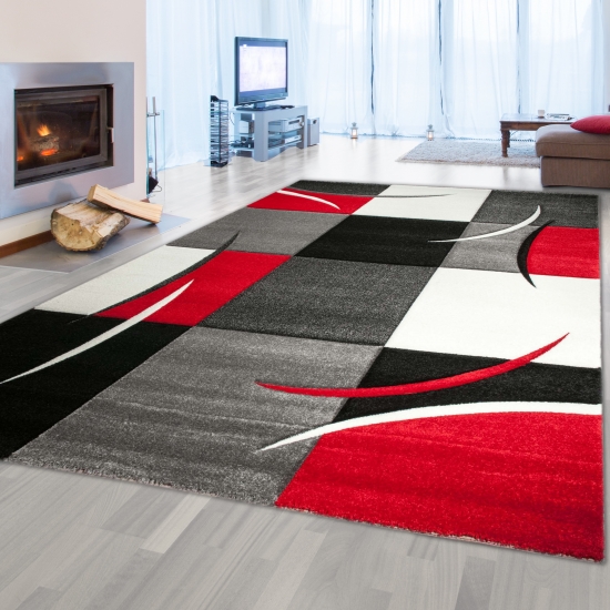 Designer Teppich Moderner Teppich Wohnzimmer Teppich Kurzflor Teppich mit Konturenschnitt Karo Muster Rot Grau Weiß Schwarz