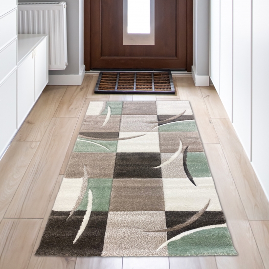 Preview: Designer Teppich Moderner Teppich Wohnzimmer Teppich Kurzflor Teppich mit Konturenschnitt Karo Muster Pastellfarben Grün Creme Beige Dunkelgrau Preview: Wohnzimmer Teppich