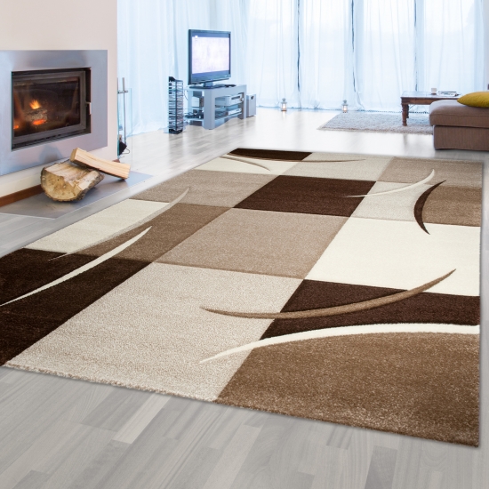 Designer Teppich Moderner Teppich Wohnzimmer Teppich Kurzflor Teppich mit Konturenschnitt Karo Muster Braun Beige Mocca