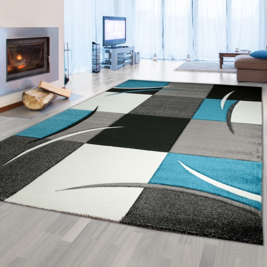 Designer Teppich Moderner Teppich Wohnzimmer Teppich Kurzflor Teppich mit Konturenschnitt Karo Muster Türkis Grau Weiß Schwarz