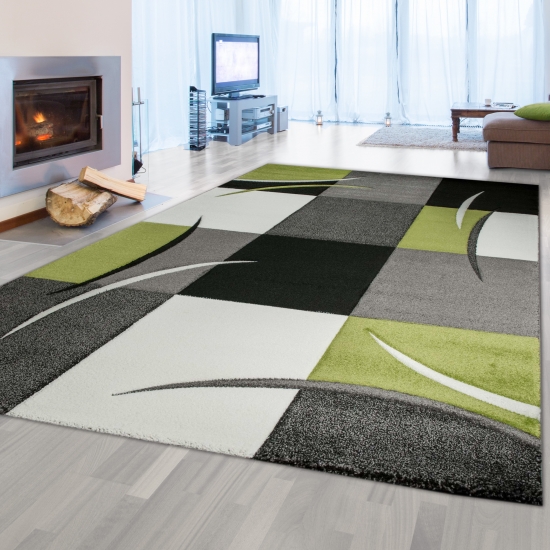 Designer Teppich Moderner Teppich Wohnzimmer Teppich Kurzflor Teppich mit Konturenschnitt Karo Muster Grün Grau Creme Schwarz
