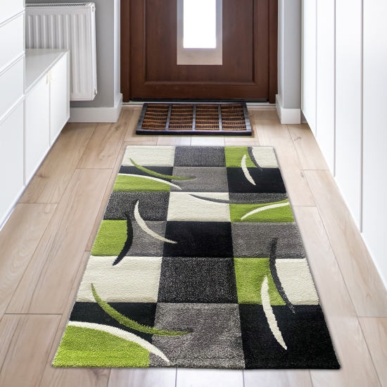 Designer Teppich Moderner Teppich Wohnzimmer Teppich Kurzflor Teppich mit Konturenschnitt Karo Muster Grün Grau Creme Schwarz