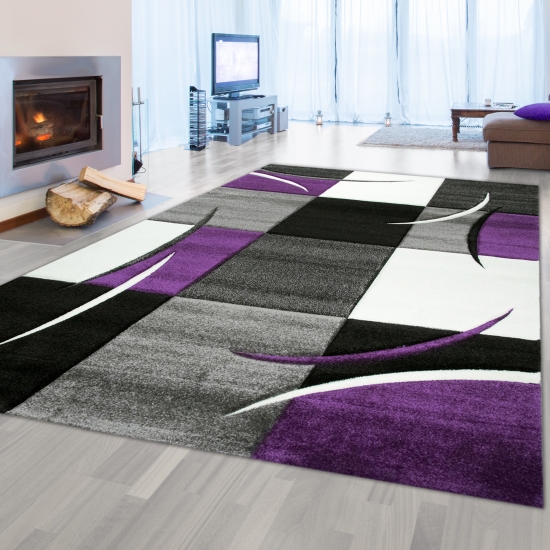 Designer Teppich Moderner Teppich Wohnzimmer Teppich Kurzflor Teppich mit Konturenschnitt Karo Muster Lila Grau Creme Schwarz