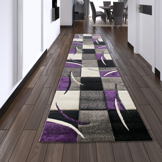 Designer Teppich Moderner Teppich Wohnzimmer Teppich Kurzflor Teppich mit Konturenschnitt Karo Muster Lila Grau Creme Schwarz