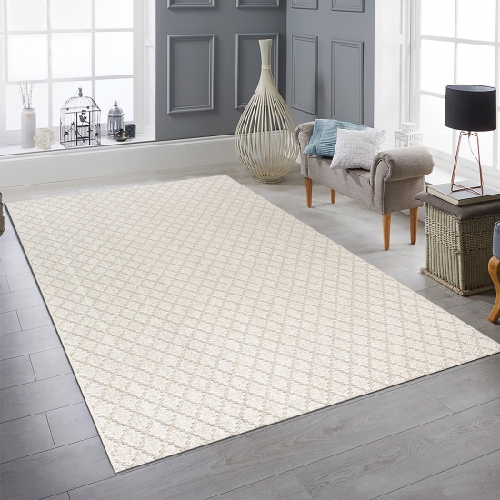 Teppich Wohnzimmer Niedrigflor im unifarbenes Rautenmuster in creme
