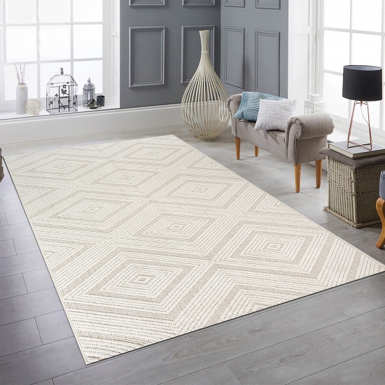 Skandinavischer Teppich Wohnzimmer Rautenmuster in creme