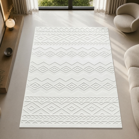 Boho Teppich mit moderner Loop-Struktur für Wohnräume Creme