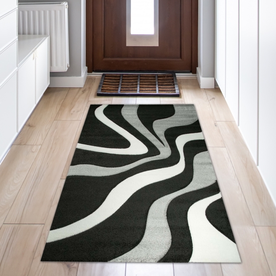 Designer Wohnzimmer Teppich | Wellenmuster | in schwarz grau weiß