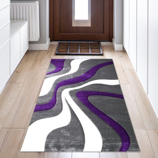 Preview: Wellenmuster Designer Teppich in lila grau weiß | pflegeleicht Preview: Wellenmuster Designer Teppich in lila grau weiß | pflegeleicht