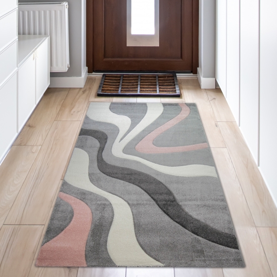 Preview: Rosa grauer Teppich mit Wellendesign | pflegeleicht& praktisch Preview: Rosa grauer Teppich mit Wellendesign | pflegeleicht& praktisch