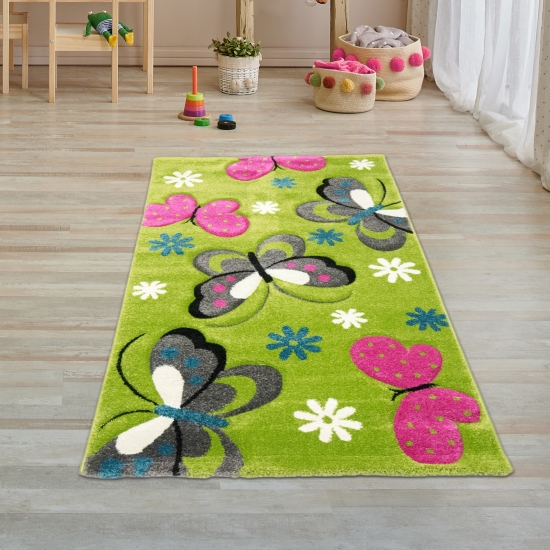 Farbenfroher Schmetterlings-Teppich für Kinderzimmer in grün