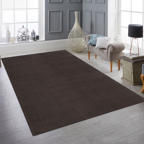 Wohnzimmer Teppich Einfarbig Rutschfest im schlichten Design in braun