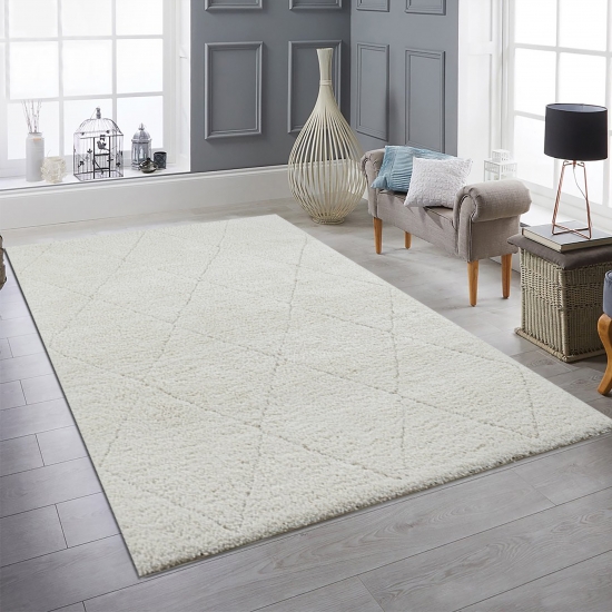 Teppich Rautenoptik Creme Wohnzimmer Hochflor weich pflegeleicht