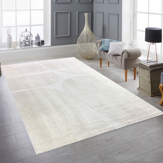 Moderner Hochflor Teppich mit organischem Muster in Creme