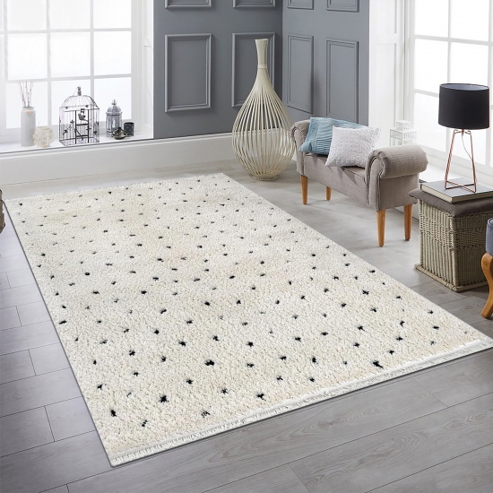 Moderner Teppich  Hochflor  mit Pünktchen-Design weich modern Beige mit Schwarzen Punkten