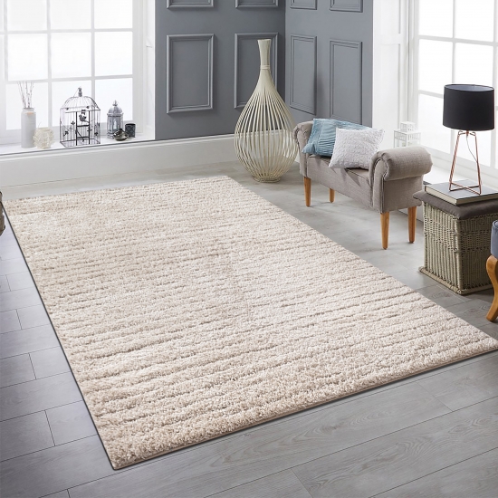 Teppich Beige mit Linienmuster weich pflegeleicht fürs Wohnzimmer
