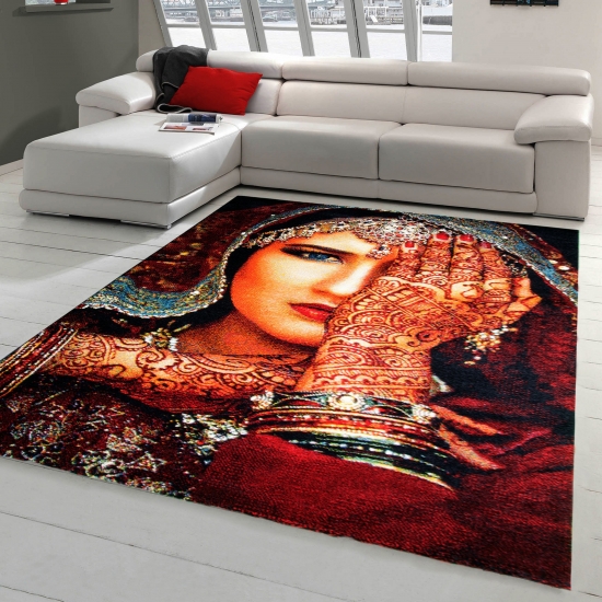 Moderner Teppich Designer Teppich Orientteppich Wohnzimmer Teppich Frau mit Henna Hand Tattoo in Rot Schwarz Türkis Orange Bunt