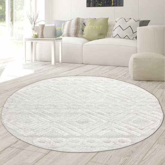 Boho Wohnzimmerteppich mit Rauten und Kreisen in Creme